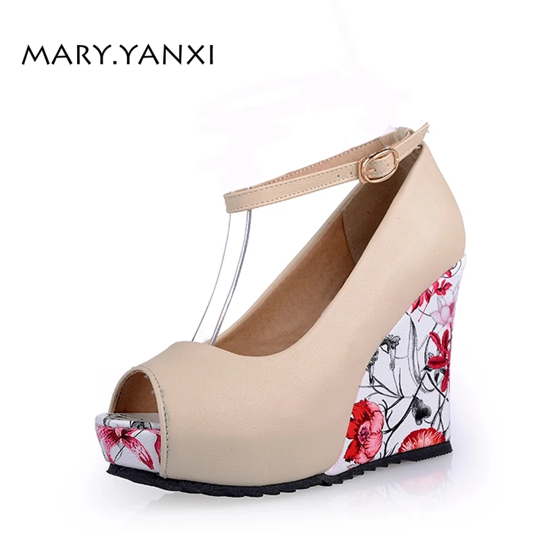 

Spring Autumn Women Pumps Platform High Wedges Heels Peep Toe Casual Fashion Shallow Flower Buckle Strap Big Size Lady Shoes