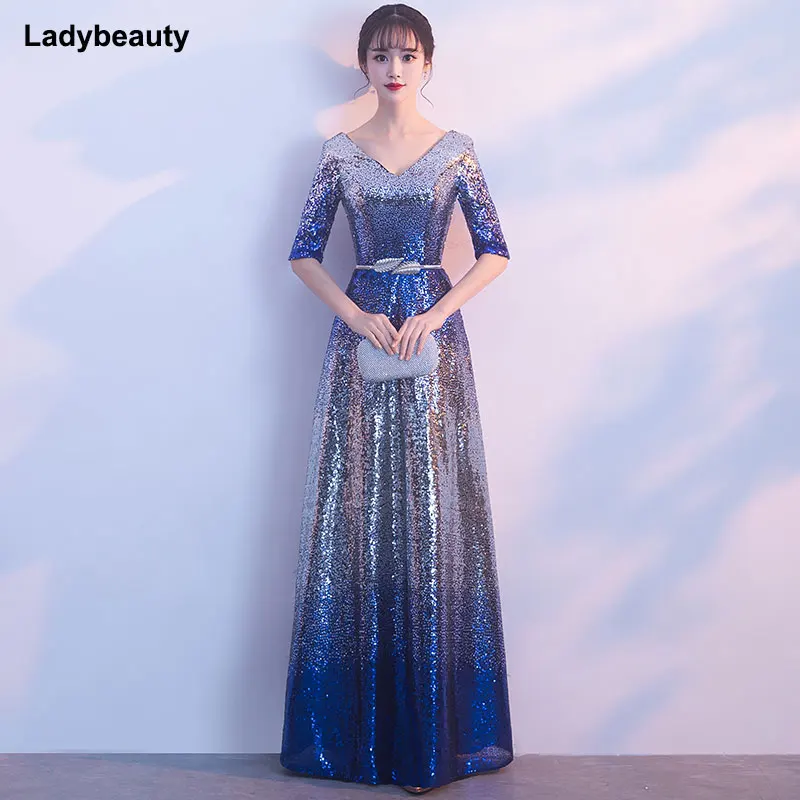 Ladybeauty New Evening Dress Long 2018 New V-Neck Women Elegant Sequin A-Lin Evening Party Gown Dress