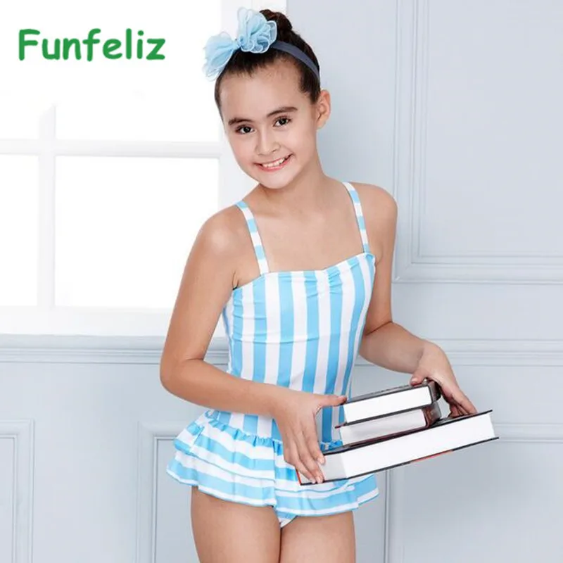 Billige Funfeliz Mädchen Badeanzug one piece bademode Gestreiften Schwimmen Anzug mit Rock Teenager Mädchen Bademode Kinder Badeanzug 7T  15T