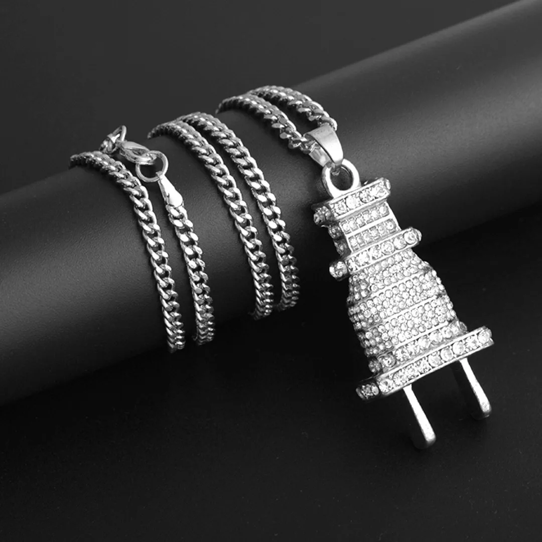 Shellhard Silver Gold Plug Shape Pendant Necklace Men Women Hip Hop Charm Chain collares Iced Out Crystal Jewelry