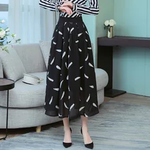 Сезон: весна-лето юбка для женщин высокая талия лист печати черный миди шифоновая юбки для