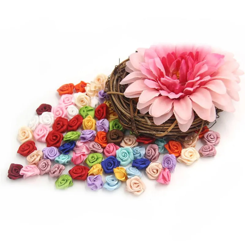 

100PCS/Lot Mini Handmade Satin Rose Ribbon Rosettes Fabric Flower Appliques For Wedding Decoration Craft Sewing Accessories