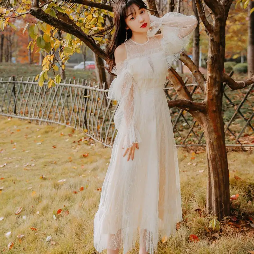 

Spring Summer Autumn Women Sexy Cut Off Shoulder Elegant High Waist White Lace Pleated Midi Long Dress Club Party Vintage Korean