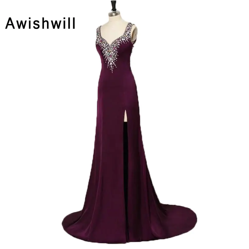 

New Arrvival 2019 Formal Dress Women Elegant Shiny Crystal Beadings Front Slit Backless Dresses Evening Party Vestido de Festa
