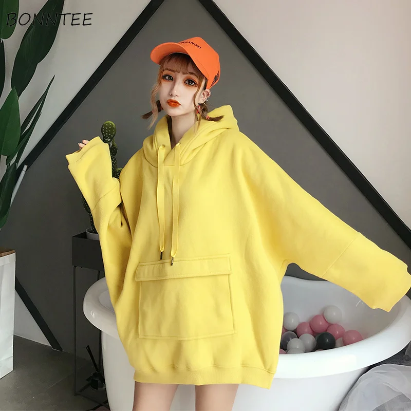 

Hoodies Women Thick Warm Loose Soft Korean Long Sleeve Sweatshirt Ulzzang Cute Simple Trendy Solid All-match Womens Pocket Daily