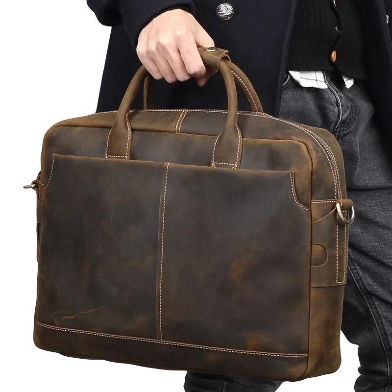 

Luxury Crazy Horse Leather Men Handbag Genuine Leather Shoulder Bag 15" Inch Laptop Bag Vintage Casual Business Briefcases