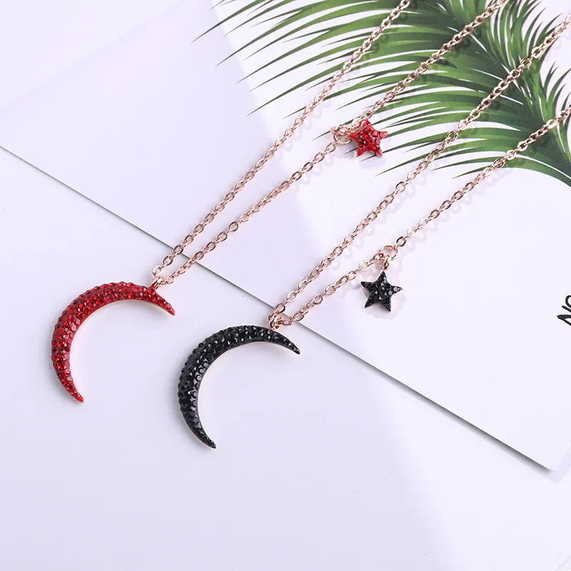 

HFYK 2019 Crystal Red Black Star Moon Pendant Necklaces For Women Stainless Steel Necklace collares de moda 2019 collier femme