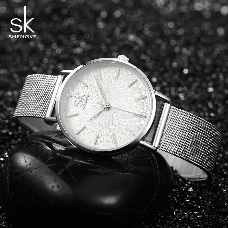 

Shengke Luxury Women's Watches Top Brand Fashion Mesh Steel Ladies Wrist Watch SK Silver Clock Gift Simple Relogio Feminino