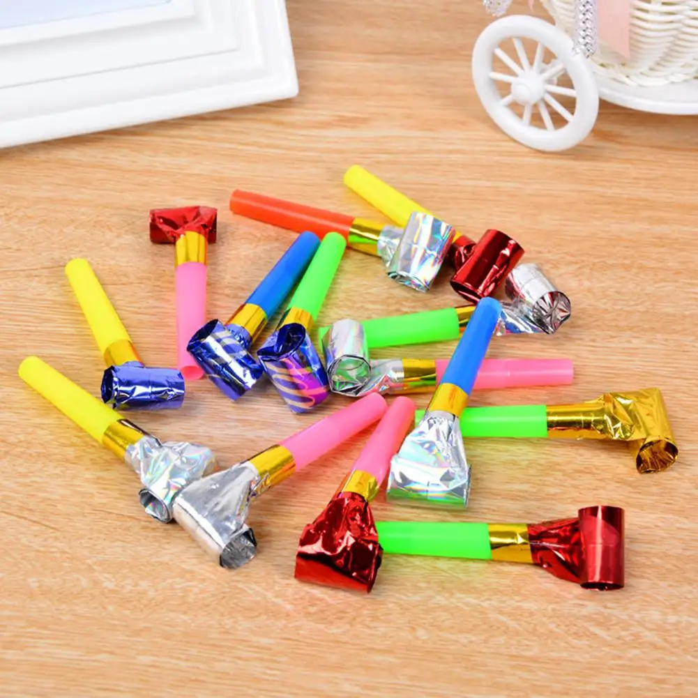 100 قطع عيد ميلاد حزب مسلية أداة الهتاف دعامة صغيرة تهب التنين صافرة البلاستيك البوق الذهبي ورقة تهب التنين