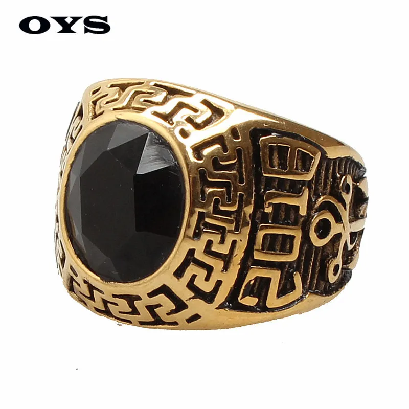 Hot Sale Punk Gothic Vintage Style 316L Stainless Steel 2018 Anchors Black Onyx Gold Ring for Men Birthday Gift Wholesale