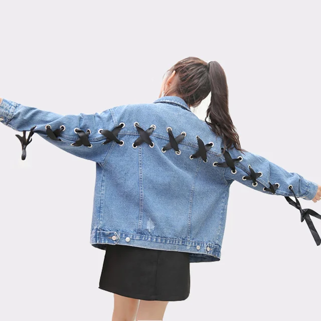 2018 Spring Women Fashion Solid Denim Jacket Turn-down Collar Lace Up Outwear Femme Streetwear Back Bandge Jeans Jackets
