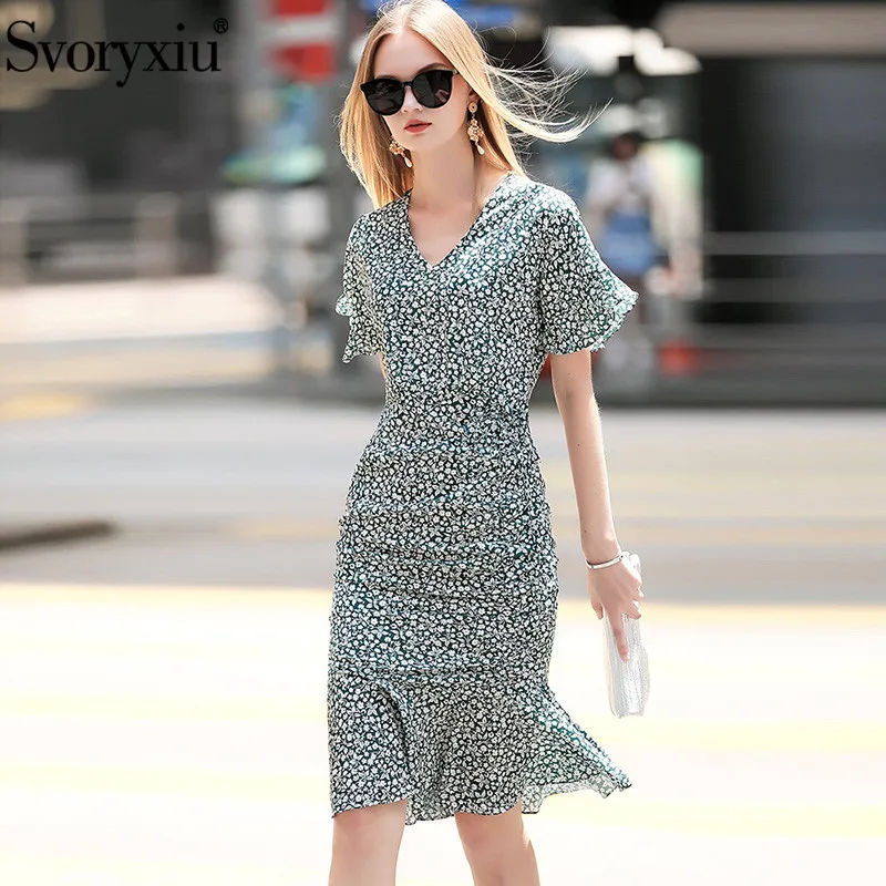 

Svoryxiu Boho Flower Print Sexy V-Neck Dress Women's Short Sleeve Package Buttocks Mermaid Knee-Length Dresses Designer