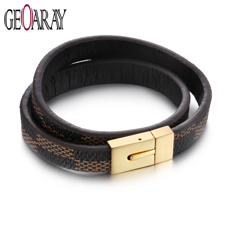 

Geoaray Brown Belt Genuine Leather Men Bracelet Trendy Charm Male Jewelry Stainless Steel Closure