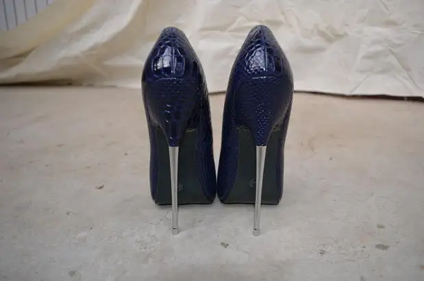16cm Heel Hot Women's Dark Blue Pumps Snake Pattern PU Leather Metal Heel Plus Size Shoes Fashion Lady A4