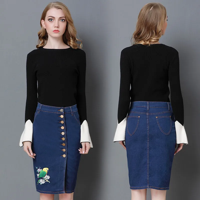 DTYNZ Big size women's clothes high waist embroidery one row buckle elastic denim cotton pencil skirt.Sexy fashion skirt. | Женская