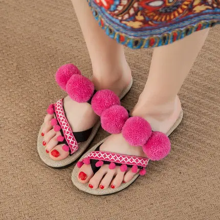 rose red Женские сандалии с помпонами; Boho Hemp Espadrilles; пляжные шлепанцы; Летние праздничные Вьетнамки; Размеры 35-44 - Цвет: rose red