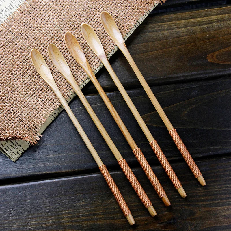 

1 Piece Wood Long Handle Mixing Spoon lovely Wooden Natural Beech Drink for Cocktail Stirrer Swizzle Sticks Tea Coffee Bar Spoon