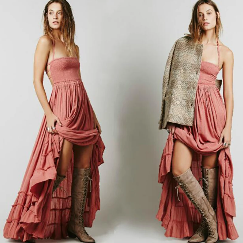

Women Sexy Halter Boho Beach Dress Bodycon Summer Pleated Ruffles Dresses Sleeveless Backless Boho Maxi Dress Clothe Robe Longue