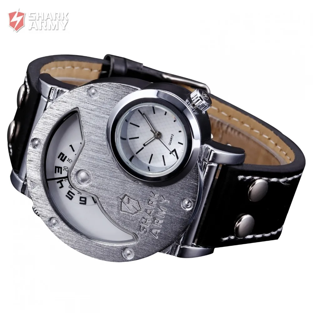 SHARK ARMY Stainless Steel Big Dual Leather Watch Strap Sport Quartz Relogio Masculino Military Wristwatch Mens Watch / SAW054