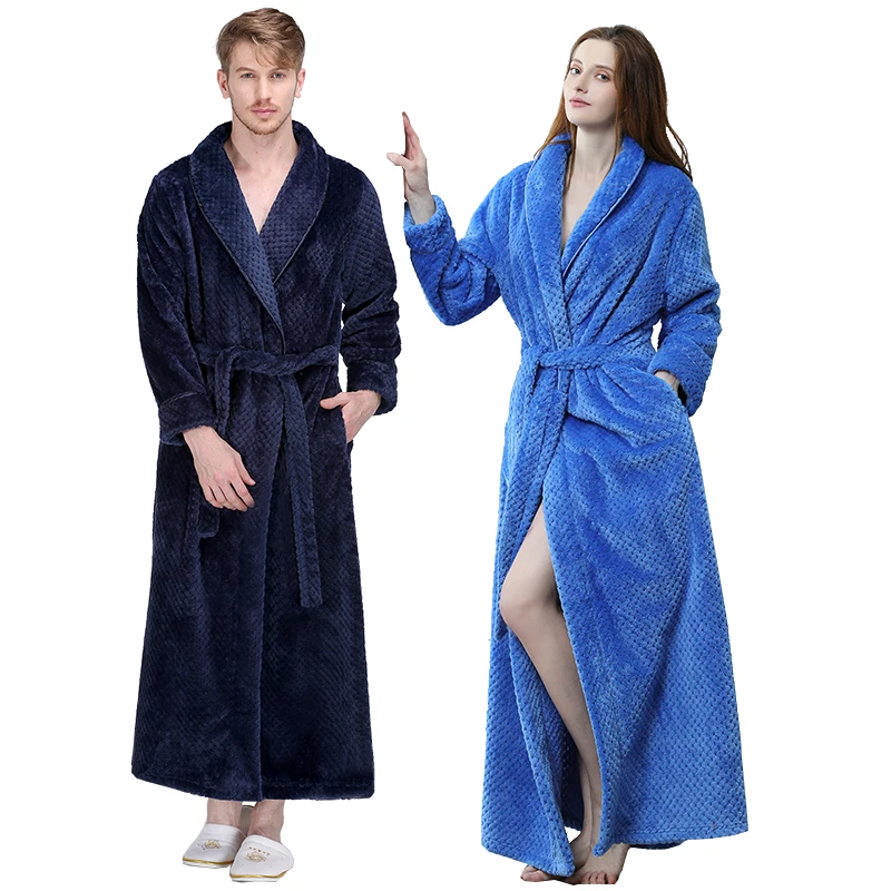 Men Women Winter Extra Long Thicken Grid Flannel Warm Bath Robe Luxury Soft Thermal Bathrobe Mens Dressing Gown Male Sexy Robes