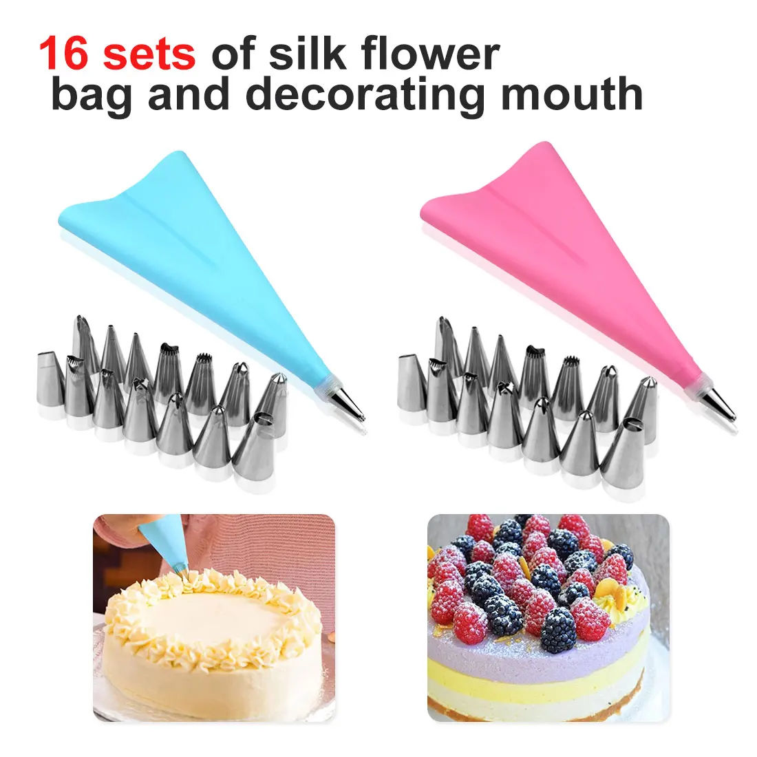

16 Pcs/Set DIY Cake Decorating Tools Silicone Icing Piping Cream Pastry Bag +14PCS Stainless Steel Nozzle Pastry Tips Converter