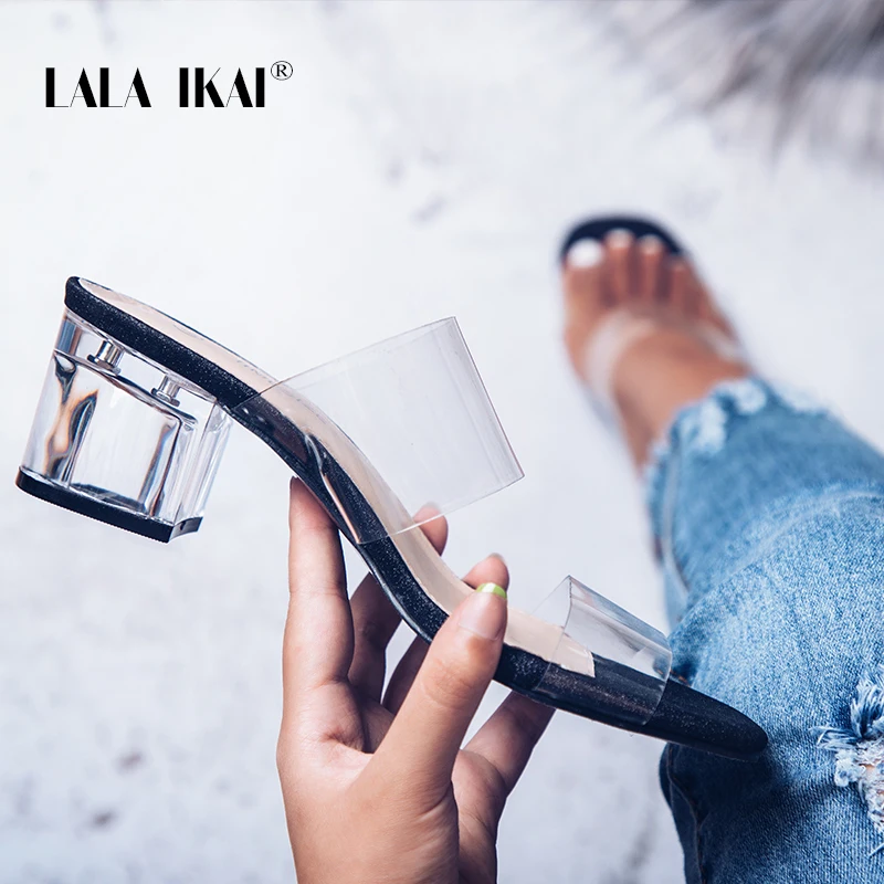 

LALA IKAI Transparent Women PVC Designer Shoes Vinyl Low Heels Slippers Open Toe Comfortable Sandal Outside Heels 014C1634 -49