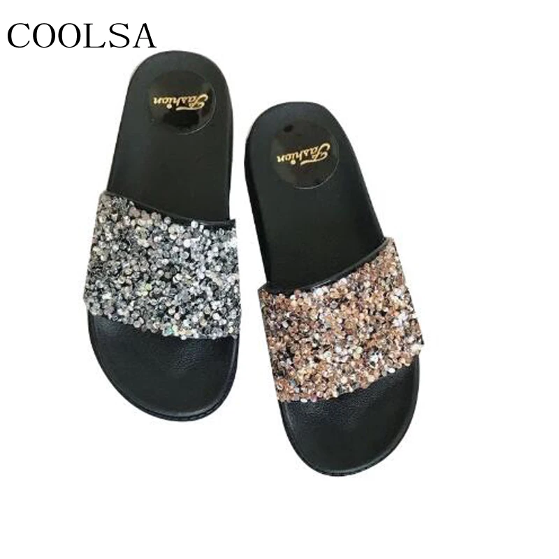 

Hot Women's Summer Flat Sandals Fashion Outside Sequins Bling Slippers Outdoor Beach Flip Flops Women Slides Indoor Home Shoes