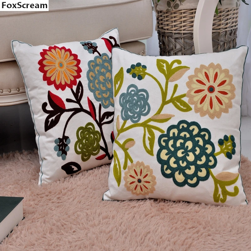 Flower Embroidered Cushions Cover Floral Decorative Pillows Case