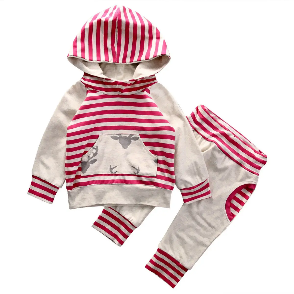 Cute Fashion Newborn Baby Clothes Infant Toddler Bebes Boys Girls Striped Hooded Sweatshirt Tops Pant 2PCS