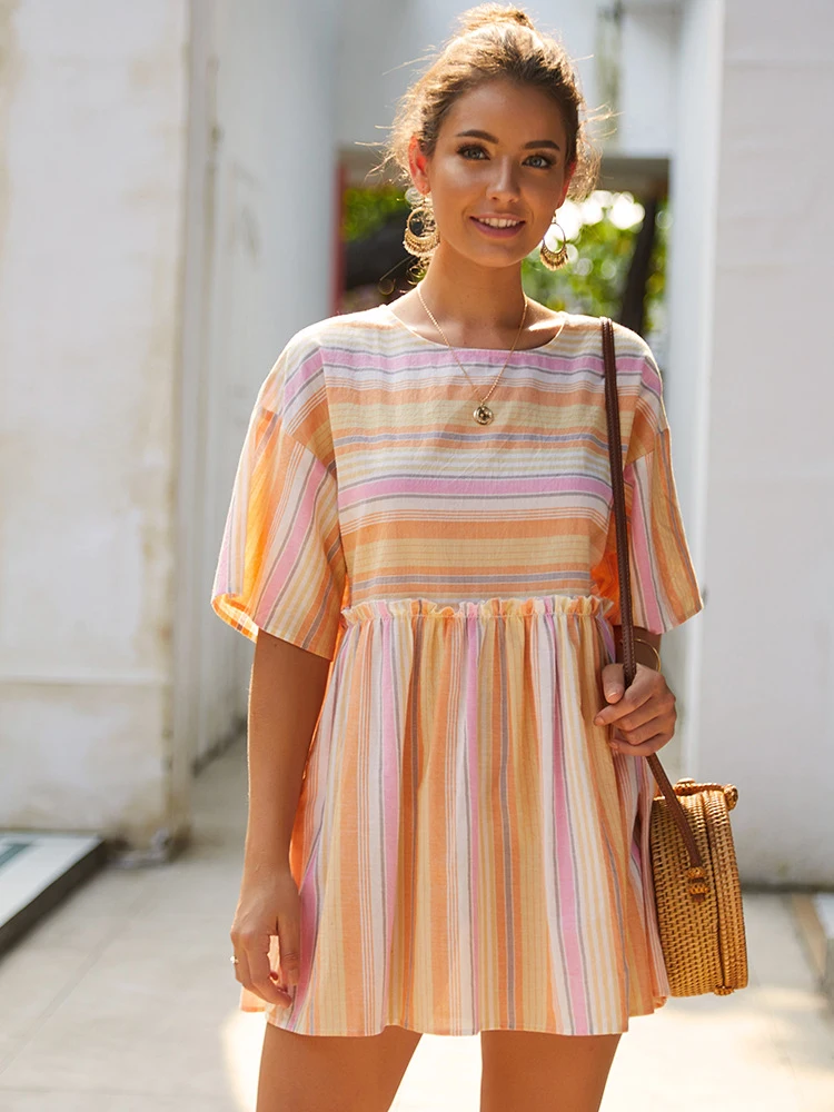 

Striped Stitching Loose Women's Dresses 2019 Short Sleeve O-Neck Mini Dress Vestidos Summer Boho Vacation Dress Robe Femme