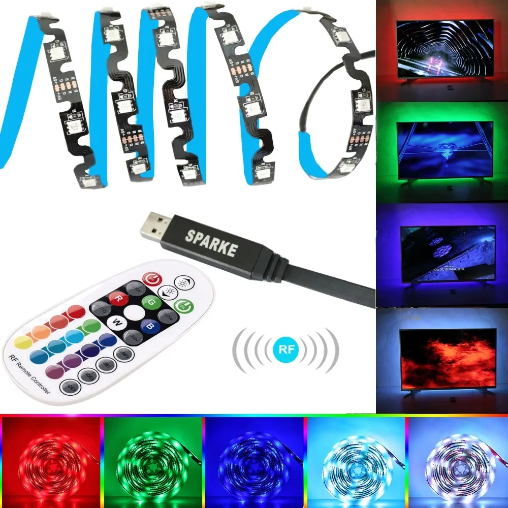 3 м RGB USB Светодиодная лента 5 в S Форма ТВ ПОДСВЕТКА 5050 3528 RGB многоцветная USB светодиодный лента PC монитор освещение RF пульт дистанционного управления