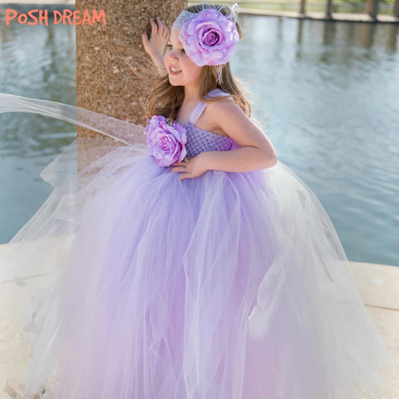 

POSH DREAM Big Flower Lavender Children Girls Dress Flower Girl Birthday Wedding Lavender Kids Clothes Purple Lilac Tutu Dress