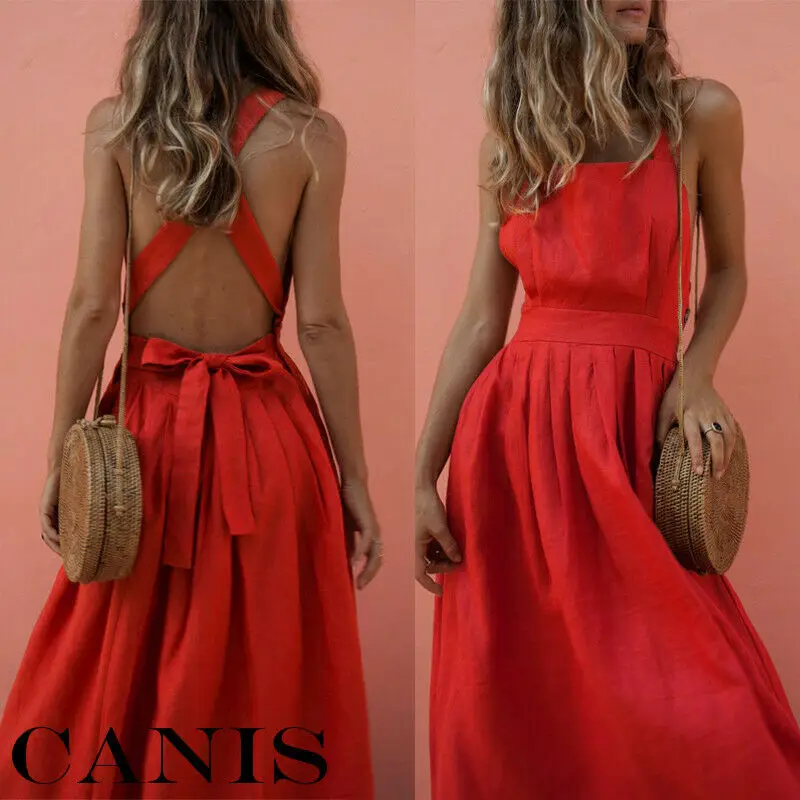 

Fashion Women's Holiday Sleeveless Strappy Dress Ladies Summer Beach Sun Dresses