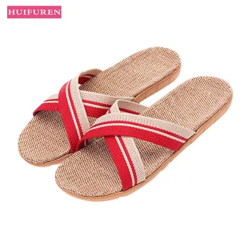 

Summer Home Slipper 2019 Flat Shoes For Women Flax Sandal Flip Flops Cross Belt Ladies Indoor Floor Flats Unisex Slides SH021404