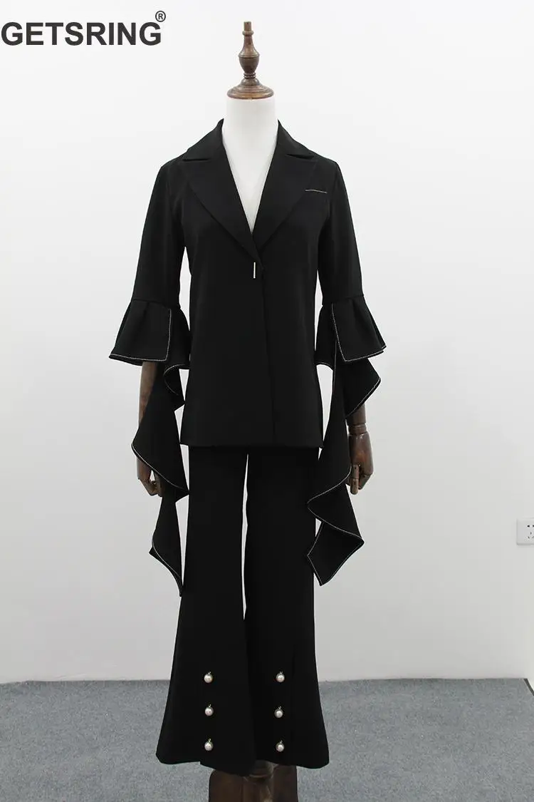 GETSRING Black Lotus Leaf Sleeve Suit Women Beads High