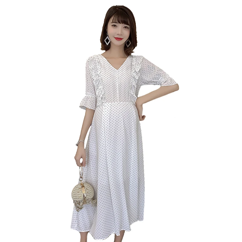 

Short Sleeve Dot Loose Summer Chiffon Fashion Pregnancy Clothes Wooden Ear Mom Hot Selling Dress Maternity Lactation Dress C841