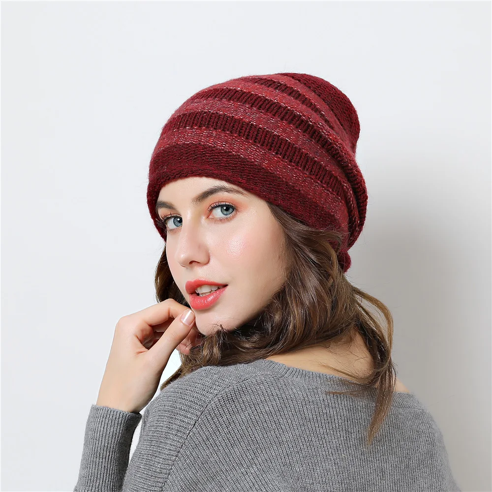 99-Beanies Women Winter Hat Headwear Knit Cap Wool Stripe Slouchy Warm Soft Plaid Casual Outdoor Ski Skullies Accessory (10)
