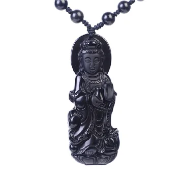 

Drop Shipping Black Obsidian GuanYin Pendant Maitreya Lucky Amulet Buddha Necklace For men Fne Jewelry Crystal Jewelry