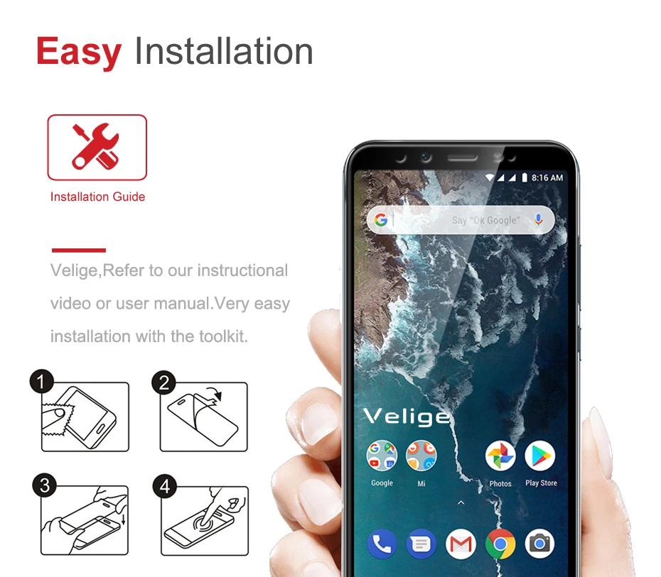 2 Pack Velige Screen Protector For Xiaomi Mi 6X Xiomi Mi6X Tempered Glass 9H Hardness Real 2.5D Protective Glass Film (2)