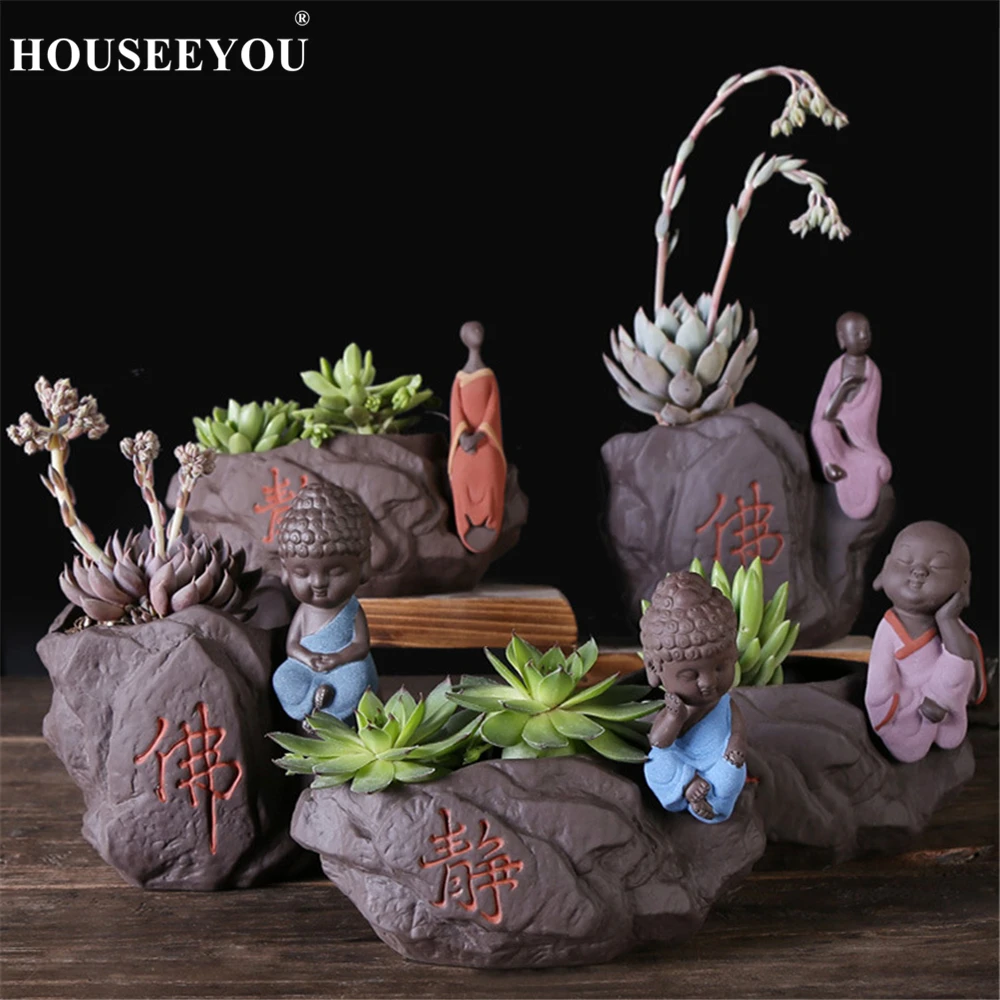 Дзен статуэтка Будды суккуленты цветок керамический горшок маленький монах креативный лоток для горшков украшения дышащий фиолетовый; песок садовые горшки