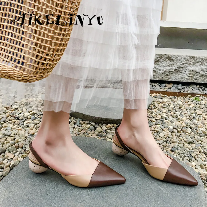 

AIKELINYU Genuine Leather Strange Style Women Sandals High Heels Office Ladies Shoes Mixed Colors Handmade Elastic Band Sandals