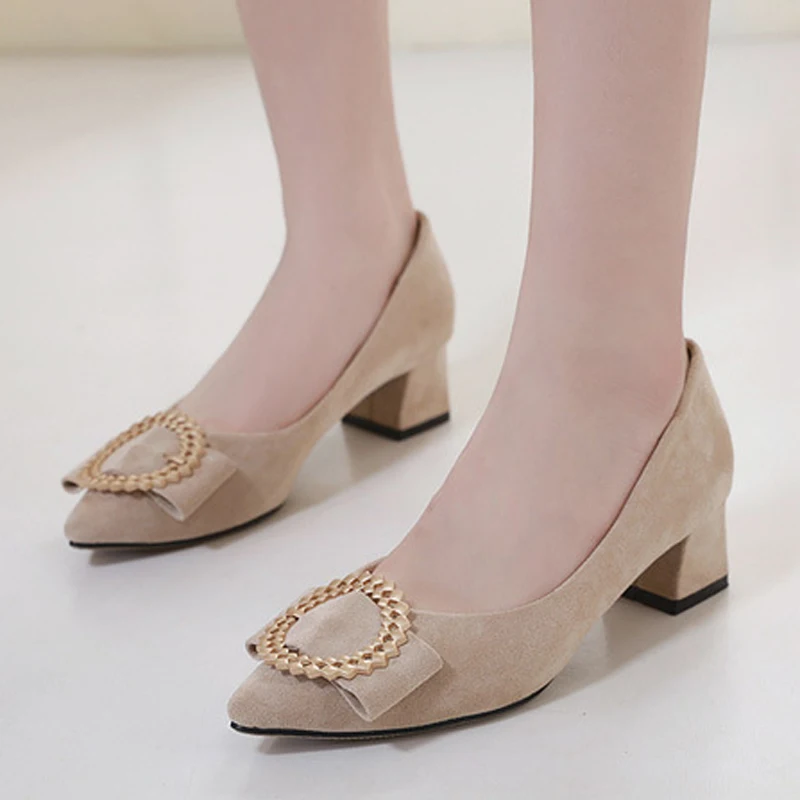 

Tangnest 2019 New Fashion Mid Square Heels Women Metal Round Buckle Pumps Slip On Pointed Toe Solid Ladies Casual Shoes XWD7611