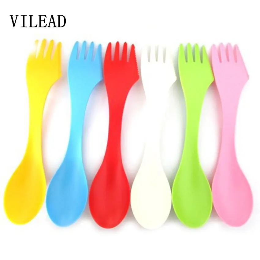 

6 pcs/lot 6 Colors 3.3*18cm Outdoor Portable Tableware 3 in 1 Knife and Fork Spoon for Camping Hiking Travel ABS Material