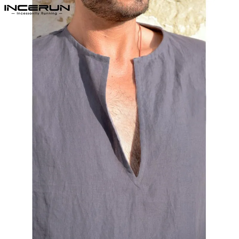 INCERUN 5XL Summer Men's Shirts Robe Dress Short Sleeve 100%Cotton V-Neck Full Length Islamic Arab Kaftan Male Vacation Beach