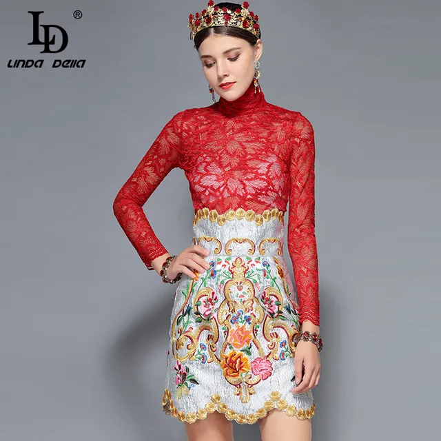 LD LINDA DELLA Fashion Runway Women’s Skirts 2 Two Pieces Sets Sexy Red Lace Top + Vintage Floral Embroidery Skirts Sets Suits
