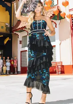 

High Quality Blue Strapless Ruffles Knee Length Dress Evening Party Bodycon Dress