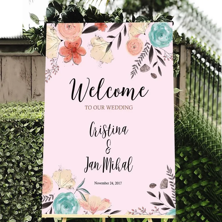 free shipping 1 pcs custom logo picture Wedding Welcome board business party sign Welcome card for wedding pink white yellow red