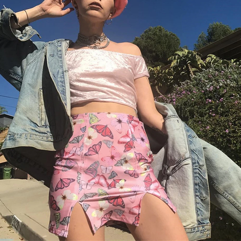 

Women Skirt Summer Colorful Butterfly Printed High Waist Split Skirt Bodycon Mini Skirt 2019 New Arrival Short Skirts