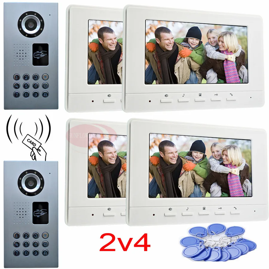 

2v4 Doorphone intercom video doorbell system kit code unlock 2 waterproof ip65 ccd cameras 7inch color LCD for 4 apartments