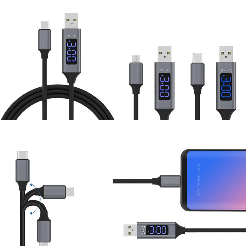 

5V 3A Digital LCD Display Micro USB Fast Charging Cables Charger Adapter for iPhone Samsung Huawei Xiaomi Android Type-C Phones